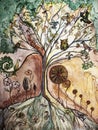 Fresco of tree of life with flock of birds.