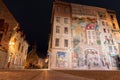 Fresco Wall Art in the Quebec City Old Town in autumn night. Mural of Quebecers.