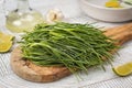 Fresh Agretti or barba dei frati, edible green plant. Saltwort, barilla plant