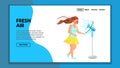 Fresh Air Cooling From Electric Fan On Girl Vector