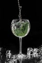 Fresh alcoholic cocktail with vodka, gin, ice, fennel in wineglass on black background. Studio shot of drink in freeze motion, Royalty Free Stock Photo