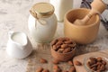 Fresh almond milk in a milk jug and almond nuts on a light background Royalty Free Stock Photo