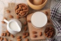 Fresh almond milk in milk jug and almond nuts. top view on a light background