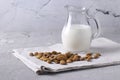 Fresh almond milk in transparent jug and almonds on gray concrete background, Healthy vegan milk replacer, Space for text, Closeup Royalty Free Stock Photo