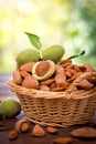 Fresh almonds in the basket Royalty Free Stock Photo