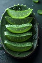 fresh aloe leaves on a wooden table