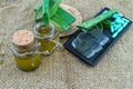 Fresh aloe vera gel on black ceramic dish with aloe vera essential oil and color pill on fabric sack