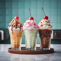 Fresh American style milkshakes in glass with cherry and whipped cream, American diner themes