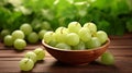 Fresh Amla (Indian gooseberry) fruits on wooden table with amla plant background. generative ai