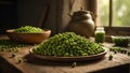 Fresh appetizing green peas on the kitchen vegetarian nutrition harvest healthy