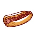 Fresh appetizing hot dog with sausage, bun, ketchup and mustard vector engraved illustration