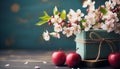 Fresh apple blossom on wooden table, nature sweet gift generated by AI