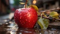 Fresh apple drop, wet with dew, reflects autumn healthy sweetness generative AI