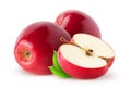 Isolated apples. Two whole red, pink apple fruits and half with leaves isolated on white background with clipping path Royalty Free Stock Photo