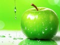 Fresh apple green with water drops. Ripe tasty green apple. Bright colors Royalty Free Stock Photo