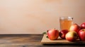 Fresh apple juice. A glass of apple juice with apples on the table. Minimalism. Photo AI generated