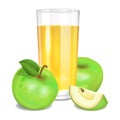 Fresh apple juice in glass, green apples and piece of apple. Royalty Free Stock Photo