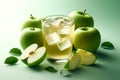 Fresh apple juice in a glass with ice and sliced green apples on a delicate green background Royalty Free Stock Photo