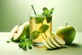 fresh apple juice in a glass with mint leaves and sliced green apples on a delicate green background Royalty Free Stock Photo