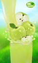 Fresh Apple juice with splash. Flow of liquid with drops and sweet fruit 3d realistic vector illustration on the background of Royalty Free Stock Photo