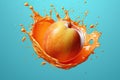 fresh apple in orange splash on blue background. Generative AI Royalty Free Stock Photo