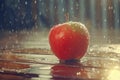Fresh Apple with Water Droplets on Wooden Surface Under Soft Light Rain Background Royalty Free Stock Photo