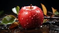 Fresh apple, wet with dew, reflects nature healthy, vibrant essence generative AI