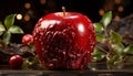 Fresh apple on wooden table, a healthy and organic snack generated by AI