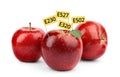 Fresh apples with E numbers on background. Harmful food additives Royalty Free Stock Photo
