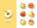 Fresh apples isolated on white and yellow background. Fruits pattern, top view, flat lay Royalty Free Stock Photo