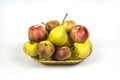 Fresh apples pears in wicker basket isolated on white background. Vegetables fruits. Royalty Free Stock Photo