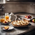 fresh apples sitting on the counter next to a pot with honey Royalty Free Stock Photo