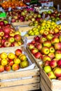 Fresh apples stand at the city market Royalty Free Stock Photo