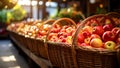 Fresh apples in wicker baskets displayed at a farmers market Royalty Free Stock Photo