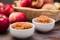 Fresh applesauce in bowls and red apples