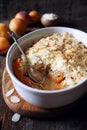 Fresh apricot crumble from almond flour with almonds petal dressing