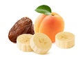 Fresh apricot, dates and banana slices isolated on white background Royalty Free Stock Photo