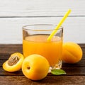 Fresh apricot juice and apricots on wooden table. Royalty Free Stock Photo