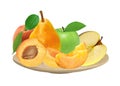 Fresh apricot, peach, apple and pear on wooden plate isolated on Royalty Free Stock Photo