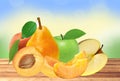 Fresh apricot, peach, apple and pear on wooden table over nature Royalty Free Stock Photo