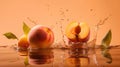 Fresh apricots falling into water with splash on orange background. Royalty Free Stock Photo