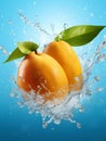 Fresh apricots with water splash, isolated on blue background. Royalty Free Stock Photo