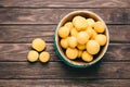 Fresh apricots in a wooden bowl. Royalty Free Stock Photo