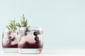 Fresh arctic liquors with ice cubes, blueberry, rosemary in two glasses on white wood table and pastel green wall, copy space.