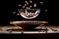 Fresh aroma coffe beans levitation in the plate. Generative AI
