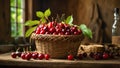 Fresh aromatic cherries in a basket on a kitchen seasonal tasty organic snack harvest Royalty Free Stock Photo