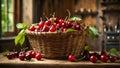 Fresh aromatic cherries in a basket on a rustic seasonal tasty organic snack harvest Royalty Free Stock Photo