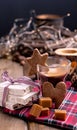 Fresh aromatic coffee and Italian Christmas sweets. Nougat with almonds, karemelnye sweets, ginger cookies and hot drink. Free Royalty Free Stock Photo