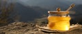 Fresh aromatic honey in glass jar on rock against mountain landscape, space for text. Banner design
