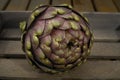 Fresh artichoke green-purple flower head, on wooden background Royalty Free Stock Photo